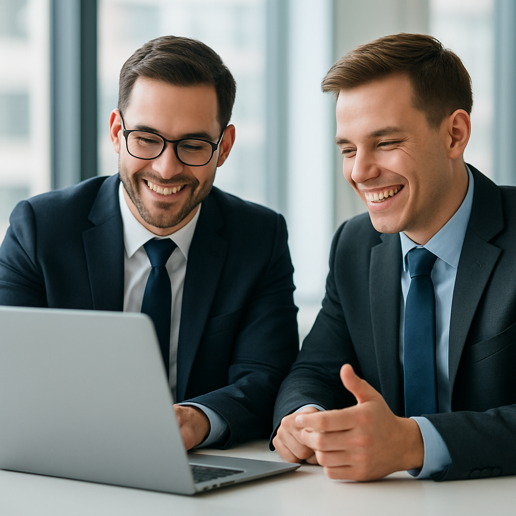 Two Fiscorex financial advisors collaborating over a laptop at a desk